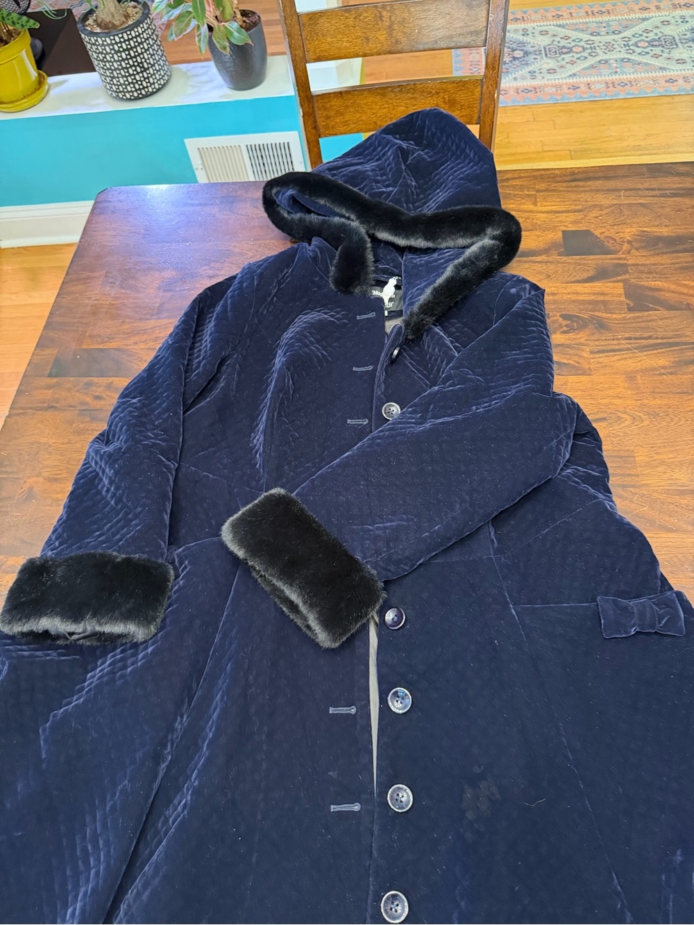 ModCloth x Collectif Charming Ways Navy Quilted Velvet Coat UK 20 Faux Fur & Bow - Picture 7 of 10